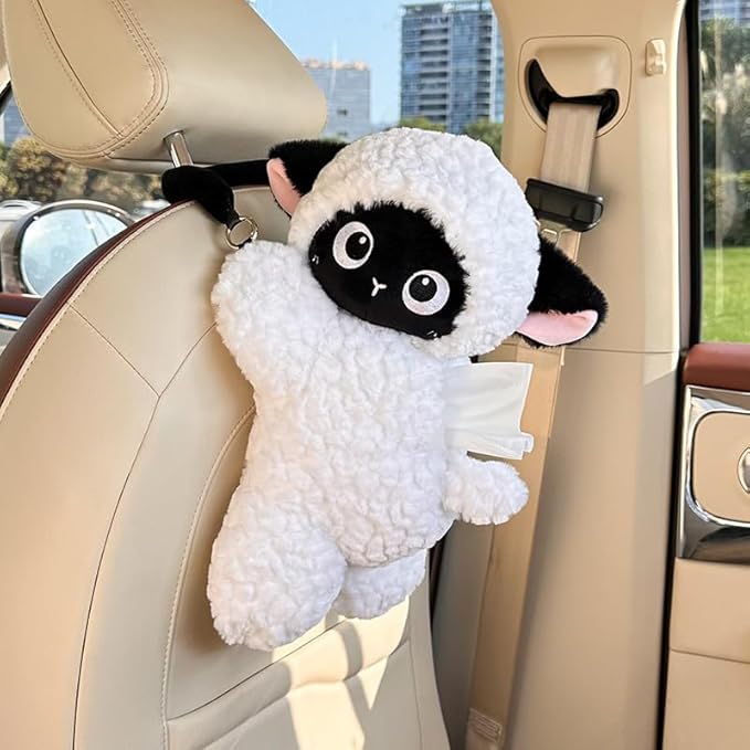 Car Tissue Holder Plush Animal Paper Towel Box Cute Rabbit Hanging Backseat Organizer for Cars Adorable Decorative Tissue Dispenser (Black Lamb)