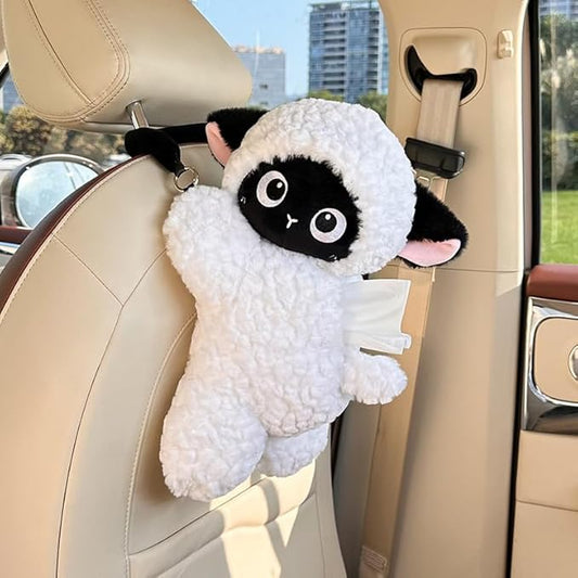 Car Tissue Holder Plush Animal Paper Towel Box Cute Rabbit Hanging Backseat Organizer for Cars Adorable Decorative Tissue Dispenser (Black Lamb)