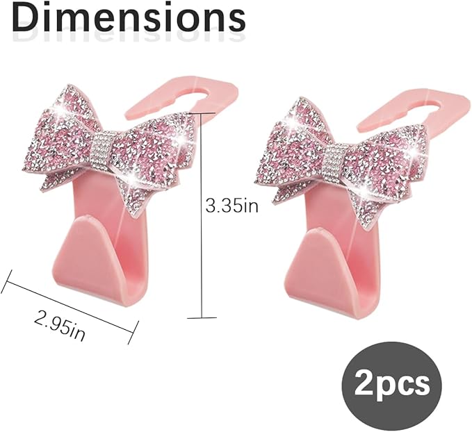 Zpana Bling Car Headreat Hook, 2PCS Crystal Rhinestone Cute Bow Vehicle Seat Back Hanger Storage for Purses Bags Grocery, Diamond Auto Rear Seat Organizer, Universal for SUV Truck Sedan (Pink)