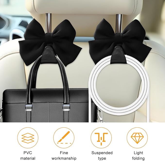 Cute Bow Car Seat Headrest Hooks, 2PCS Multifunctional Vehicle Rear Seat Hanging Hooks, Automotive Interior Seatback Storage Organizer for Purses Bags, Universal for SUV Sedan Truck (Black)