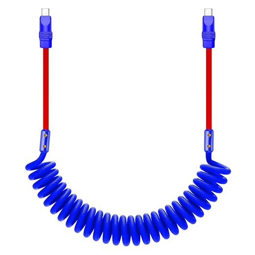 chubbycable Curly Chubby 240W Coiled USB C Cable Retractable Fast Charging Cable for Car Charger Cord Compatible with iPhone 17-15 Series, Dark Blue+Red, Type-C to Type-C, 2.29FT-3.6FT