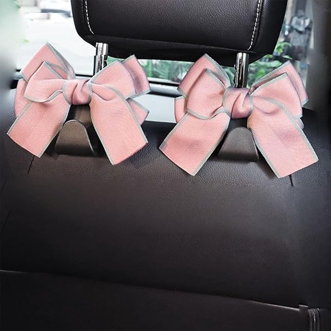 Mandark 2PCS Car Seat Headrest Hooks, Cute Bow Vehicle Hooks for Purses and Bags, Auto Purse Hook Hanger Interior Decoration Accessories, Universal for SUV, Sedan, Truck (Pink Line)