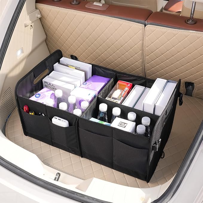 Car trunk storage box Foldable sedan SUV Universal outing travel good goods Multi compartment partition with handle (black)