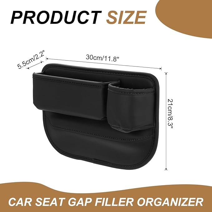HARFINGTON 2pcs Car Seat Gap Filler Organizer 11.8 x 8.3 x 2.2 Inch PU Universal Car Organizer Storage Box Between Seat and Console (Left+Right) with Cup Holders for Phone Keys, Black