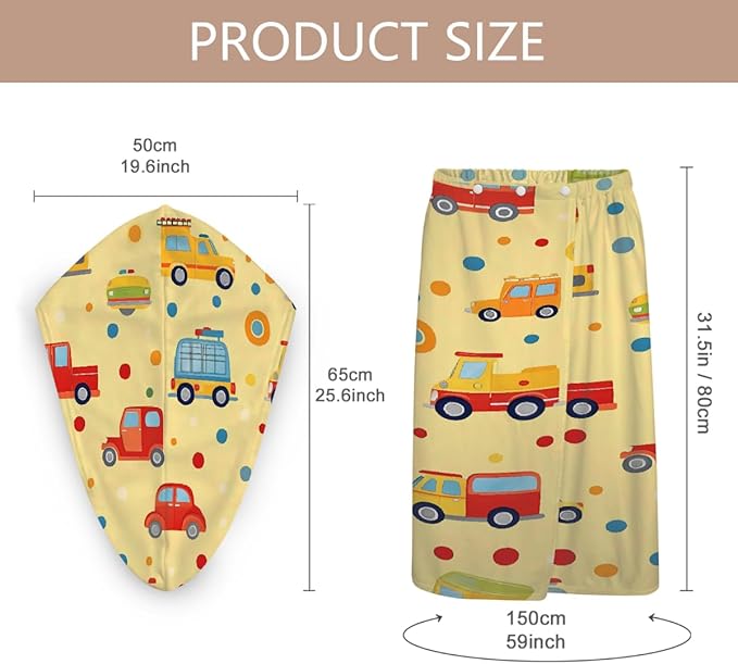 Women Bath Wrap Hair Towel Drying Cap Set Colorful Cars Bus Polka Dots Soft Absorbent Bathrobe Shower Wraps with Adjustable Closure Spa Bath Robe
