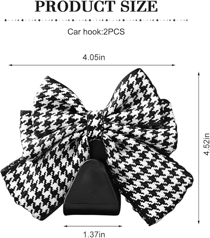 Cute Bow Car Seat Headrest Hooks, 2PCS Multifunctional Vehicle Rear Seat Hanging Hooks, Automotive Interior Seatback Storage Organizer for Purses Bags, Universal Fit (Black/Houndstooth)