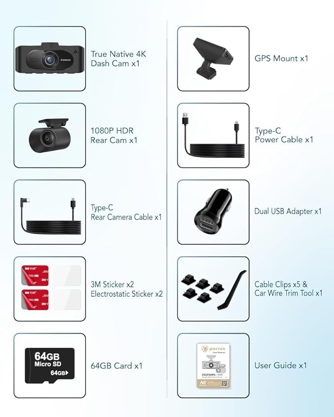 4K Dash Cam Front and Rear, STARVIS Sensor, Free Card Included, 2.4GHz WiFi Dash Camera for Cars, Built-in GPS, Night Vision, G-Sensor, Emergency Lock, 3.16'' IPS, Parking Mode