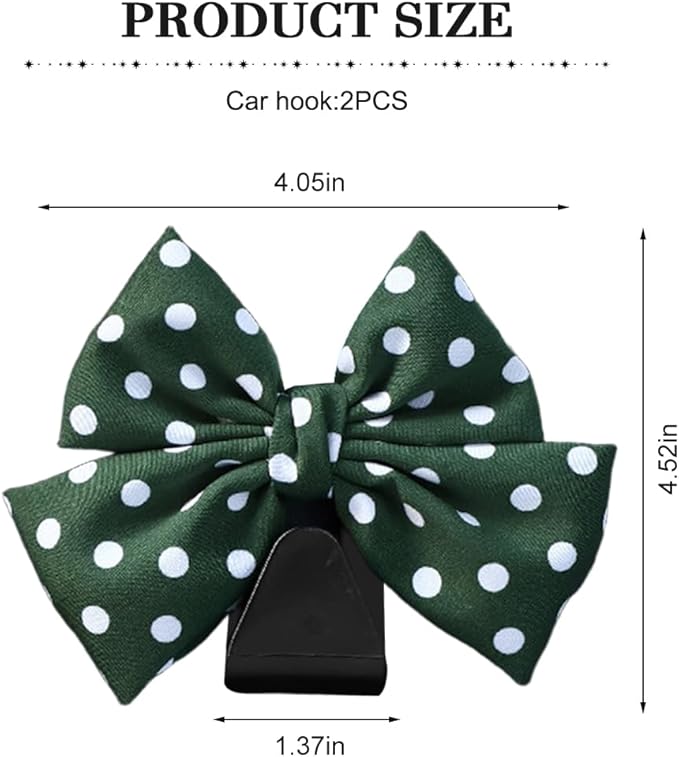 Cute Bow Car Seat Headrest Hooks, 2PCS Multifunctional Vehicle Rear Seat Hanging Hooks, Automotive Interior Seatback Storage Organizer for Purses Bags, Universal Fit (Green/Polka Dot)