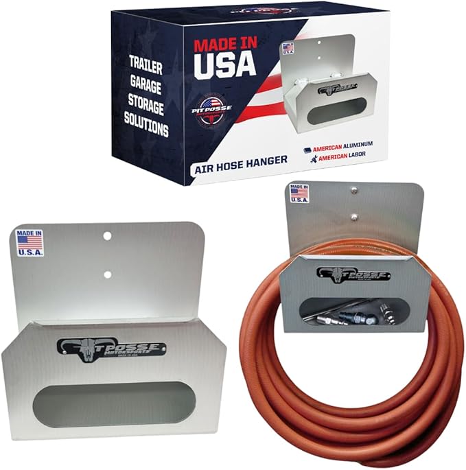 Pit Posse PP3188 Air Hose Hanger Storage Organizer - Made in USA - Enclosed Trailer Shop Garage Automotive Accessories - Aluminum Cord Cable Hose Holder - Rust Resistant (Silver)