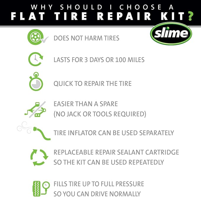 Slime 50139 Flat Tire Puncture Emergency Kit, Includes Sealant and Tire Inflator Pump, Analog, Suitable for Cars and Other Highway Vehicles, 10 Min Fix