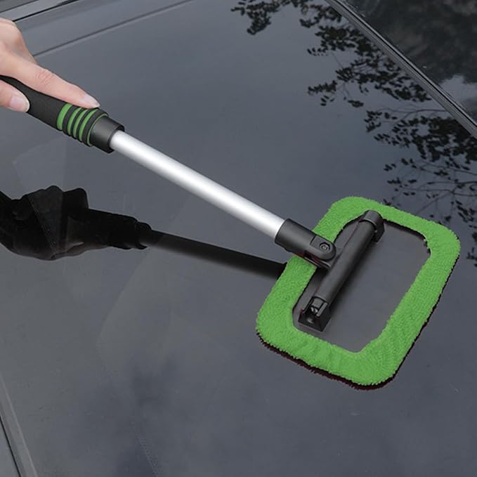 HZEL Car Windshield Cleaner Tool with Extendable Handle, Vehicle Glass Wiper Window Cleaning Tool with 2 Reusable Microfiber Pad, Auto Windscreen Detailing Cleaner Kit, Universal Fit (Square Green)