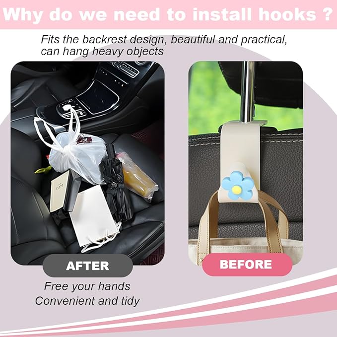 4 PCS Car Headrest Hook, Multifunctional Flower Vehicle Seat Back Storage Hook, Cute Automotive Seatback Organizer Hanger for Purse Grocery Bag Handbag, Universal Fit (Beige/Blue)