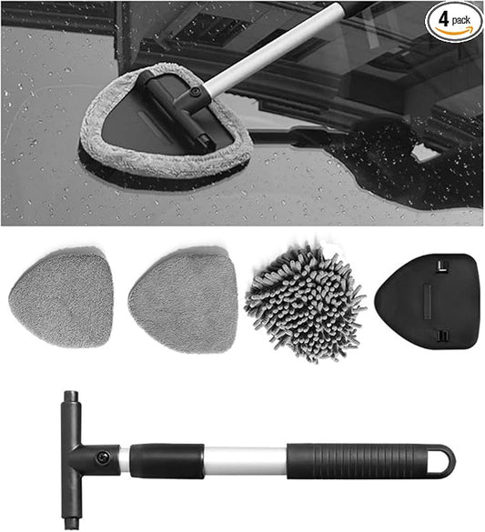 Car Windshield Cleaner, Microfiber Vehicles Window Cleaning Tool with 3PCS Reusable Cloth Pads, Automotive Washing Interior ＆ Exterior Glass Supplies Accessories, Universal Fit (Triangle)
