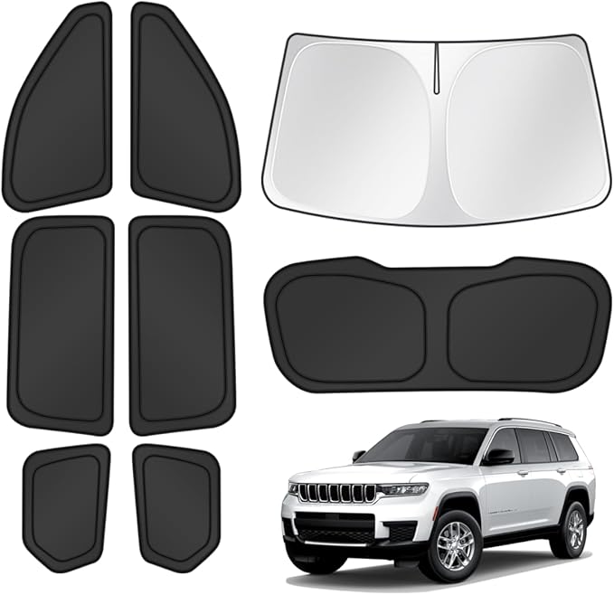 T TGBROS Windshield Sun Shade for Jeep Grand Cherokee L 2021-2024 2025 2026 Car Window Shades Thicken UV Block and Blackout Privacy Foldable Sunshades 8PCS Accessories Keep Cool Sun Visor Covers