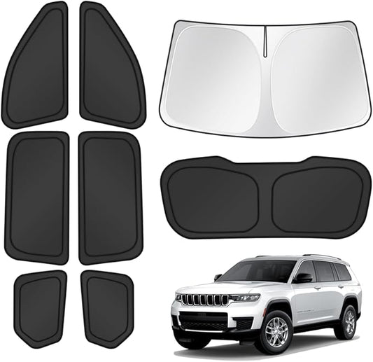 T TGBROS Windshield Sun Shade for Jeep Grand Cherokee L 2021-2024 2025 2026 Car Window Shades Thicken UV Block and Blackout Privacy Foldable Sunshades 8PCS Accessories Keep Cool Sun Visor Covers