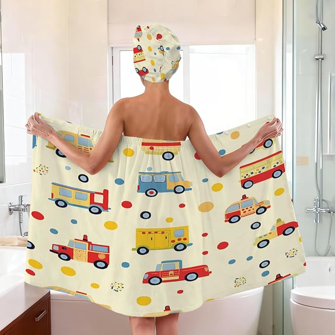 Women Bath Wrap Hair Towel Drying Cap Set Colorful Cars Bus Polka Dot Soft Absorbent Bathrobe Shower Wraps with Adjustable Closure Spa Bath Robe
