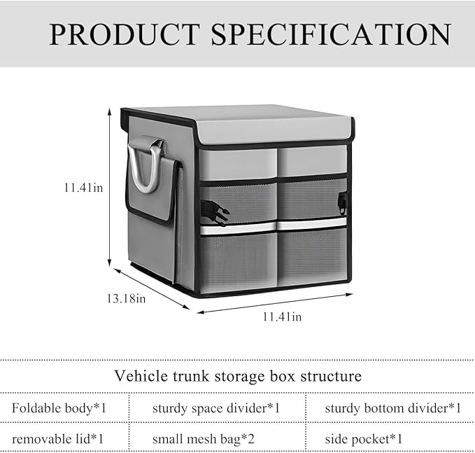 Trunk Organizer With Lid, Collapsible Waterproof Oxford Car Organizer with Aluminum Handle Base Plate, 2-Compartment 28L Sturdy Trunk Cargo Storage Organizer for RV SUV Truck (Gray)