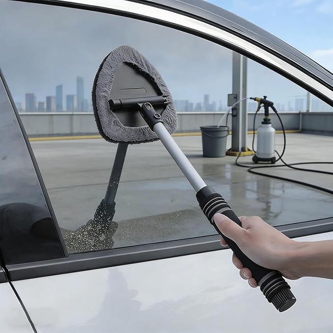 HZEL Car Windshield Cleaner Tool with Extendable Handle, Vehicle Glass Wiper Window Cleaning Tool with 2 Reusable Microfiber Pad, Auto Windscreen Detailing Cleaner Kit, Universal Fit (Triangle Gray)