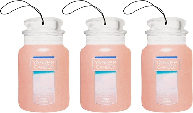 Yankee Candle Classic Paper Car Jar Air Freshener, Hanging Car Freshener, Long Lasting Car Fragrance, Pink Sands (Pack of 3)