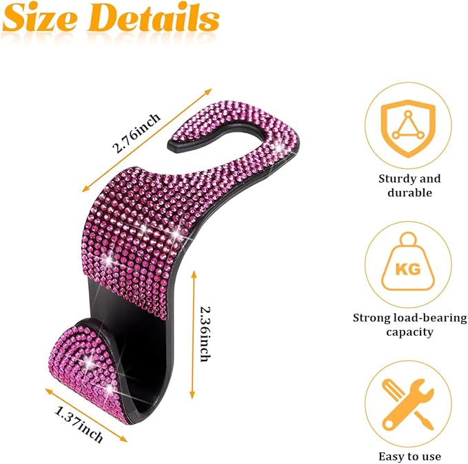 4PCS Bling Car Seat Headrest Hooks, Crystal Rhinestone Vehicle Purse Handbag Coat Hangers Holder, Automotive Interior Storage Organizer Accessories for Women Girls, Universal Fit (Pink)