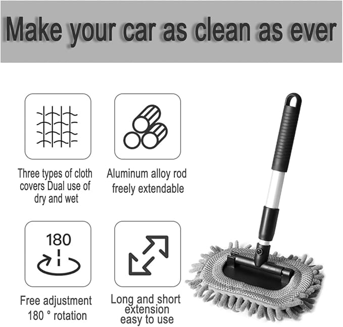 Car Windshield Cleaner Tool, Vehicle Window Cleaner with Extendable Handle & 3 Reusable and Washable Pads, Auto Glass Wash Brush Accessories, Universal for SUV RV Truck (Triangular)