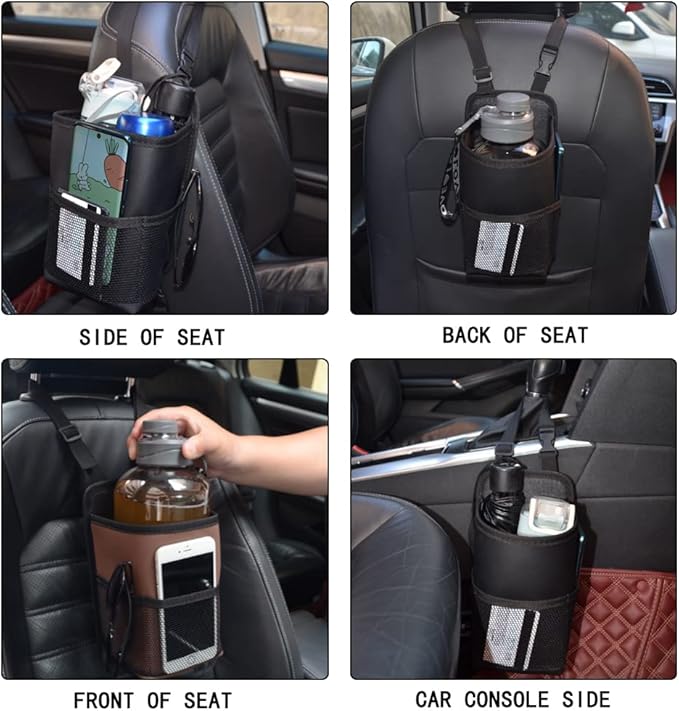 2 in 1 Large Cup Holder, 80 oz Auto Water Bottle Holder Bag, Bottles & Big Drinks. Hanging Multi-Function Mini Car Seat Side Organizer, Phones, Stuff Holder with Mesh Pocket for Cars, SUV & Truck