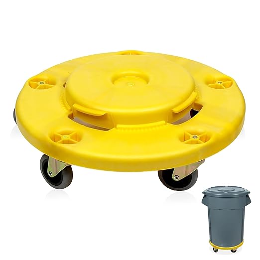 MaxWorks 51192 Round Trash Can High Visibility Yellow Dolly with 5 Swivel Casters 18 inch Dolly for 20 32 44 55 Gallon Containers Twist ON & Off Great for Shops Garages Car Detailing