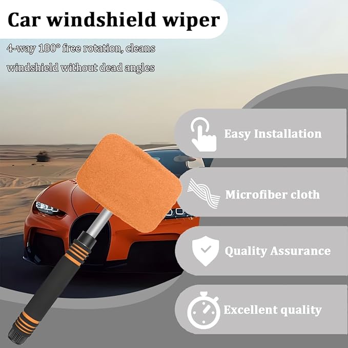 HZEL Car Windshield Cleaner Tool with Extendable Handle, Vehicle Glass Wiper Window Cleaning Tool with 2 Reusable Microfiber Pad, Auto Windscreen Detailing Cleaner Kit, Universal Fit (Square Orange)