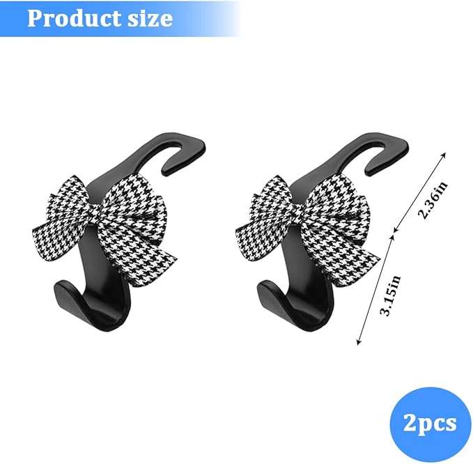 2PCS Car Seat Headrest Hooks, Cute Bow Vehicle Backseat Storage Hanger for Handbag Umbrella Coat, Automotive Seat Back Hook Holder Organizer Decor, Universal for Vehicles (Houndstooth)