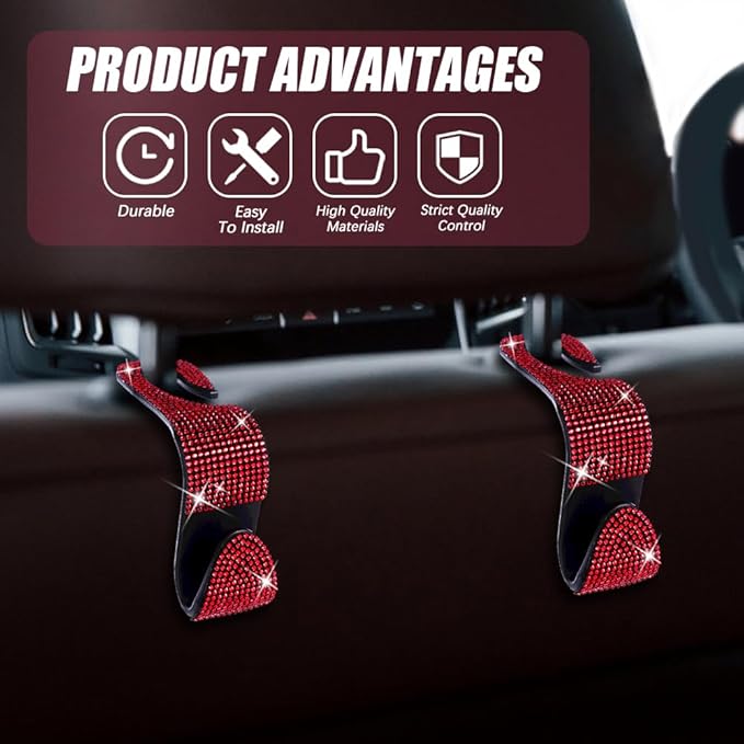 deemars 2 Pack Car Seat Headrest Hooks, Bling Car Organizer Hanger Storage Hooks for Bags, Clothes, Coats, Grocery Bags (Red)