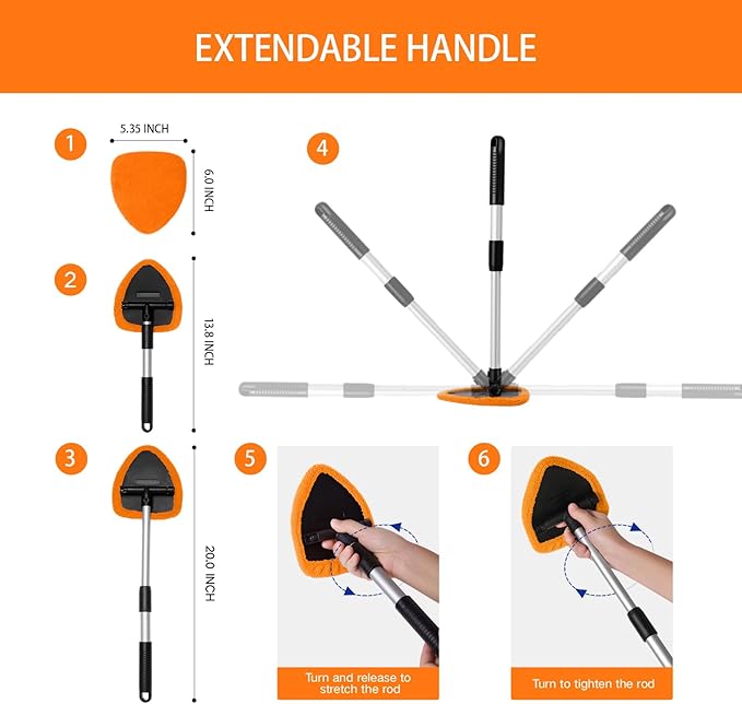 Qydipclin 10pcs Windshield Cleaning Tool Inside Car Window Cleaner Wash Kit with 4 Reusable Microfiber Pads 1 Spray Bottle and Extendable Handle Interior Auto Glass Wiper Kit, Orange