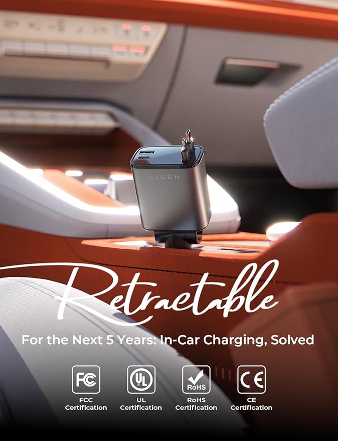 LISEN Retractable Car Charger USB C [Upgraded Dual Type C] 75W Fast 4 in 1 Car Charger for iPhone 17, Road Trip Essentials Gifts for Men Women, Car Accessories for Galaxy S26 Phone 17 Pro Max 16 15