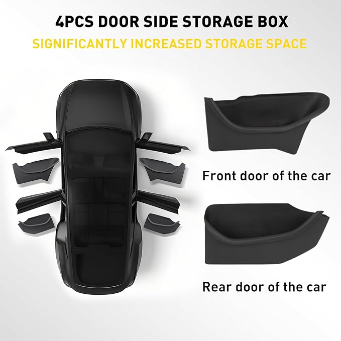 4PCS Door Side Organizer Compatible with Tesla Model Y Juniper 2025 2026 Accessories, Front & Rear Door Pocket Storage Box Tray Full-Cover Anti-Slip TPE Door Pocket Liner Black