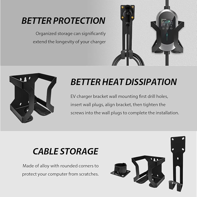 EV Charger Holder Wall Mount Kit, SAE J1772 EV Charger Cable Organizer Charging Box Holder, Space Saving Electric Vehicle Nozzle Holster Dock & J-Hook, Car Accessories