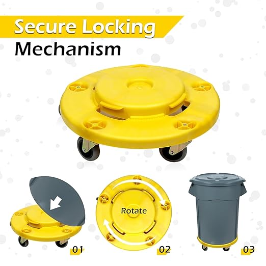 MaxWorks 51192 Round Trash Can High Visibility Yellow Dolly with 5 Swivel Casters 18 inch Dolly for 20 32 44 55 Gallon Containers Twist ON & Off Great for Shops Garages Car Detailing