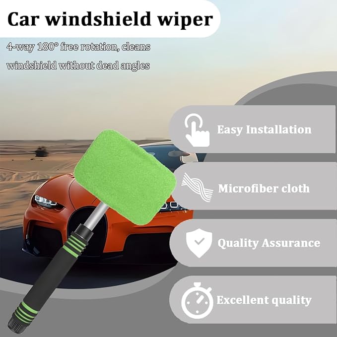 HZEL Car Windshield Cleaner Tool with Extendable Handle, Vehicle Glass Wiper Window Cleaning Tool with 2 Reusable Microfiber Pad, Auto Windscreen Detailing Cleaner Kit, Universal Fit (Square Green)