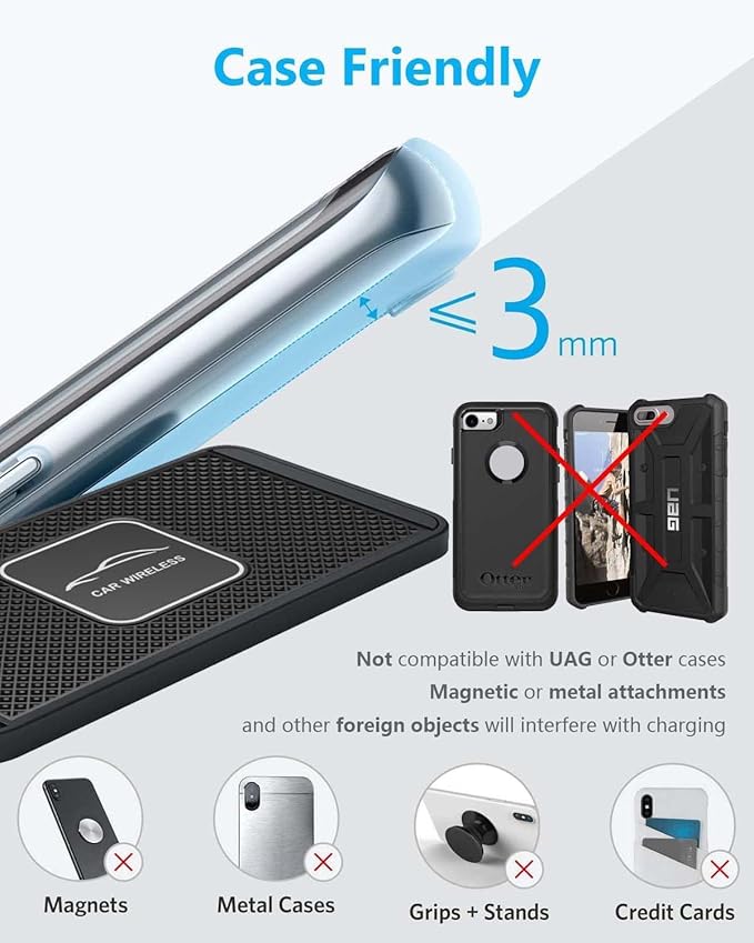 Wireless Car Charger Qi Charging Pad Fast 15W 10W 7.5W Charge Adapter for iPhone 14 13 12 Mini 11 Pro Max 8 Plus X XR Xs Airpods Samsung Galaxy Buds S21 S22 S23 S24 Android Phones (39' Long Cable)