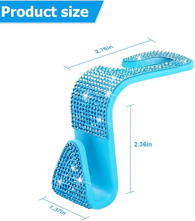 Zpana 4PCS Bling Car Seat Headrest Hooks, Vehicle Back Seat Purse Handbag Hanging Holder with Crystal Rhinestone, Diamond Storage Organizer Hook, Universal Automotive Accessories (Lake Blue)