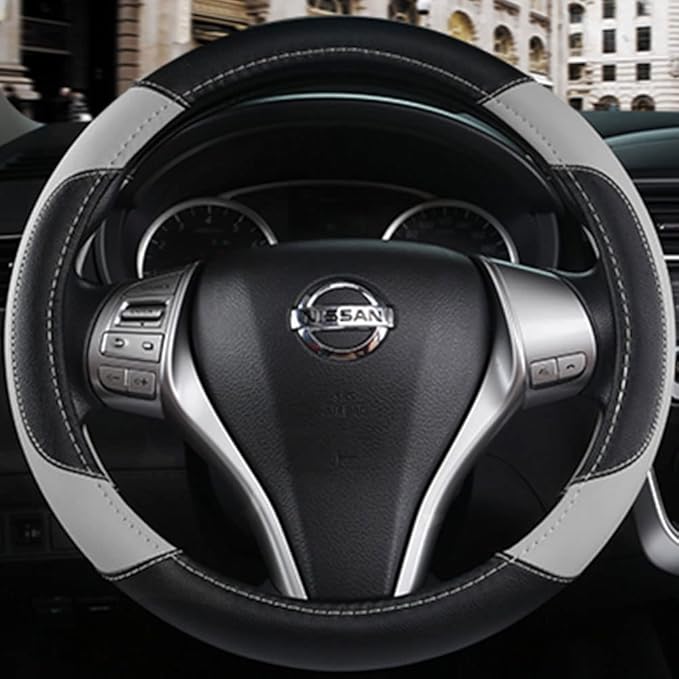 Leather Car Steering Wheel Cover, Non-Slip Car Wheel Cover Protector Breathable Microfiber Leather Universal Fit for Most Cars(Grey)