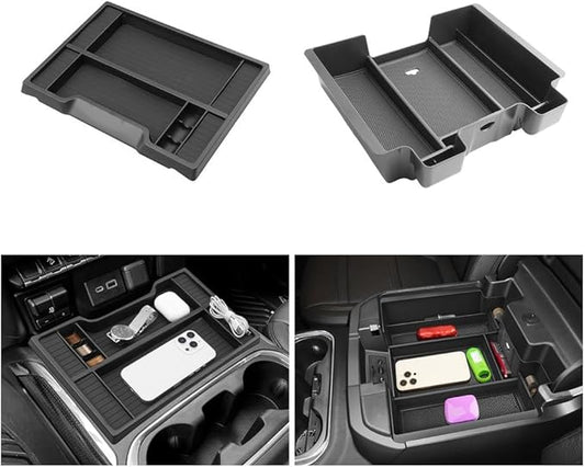LUWU Center Console Organizer Compatible with 2019-2022 Chevy Silverado/GMC Sierra 1500 & 2020-2023 Chevy Silverado/Sierra 2500HD 3500HD Accessories, 2-Pack Black (ONLY for Full Console w/Bucket Seat)