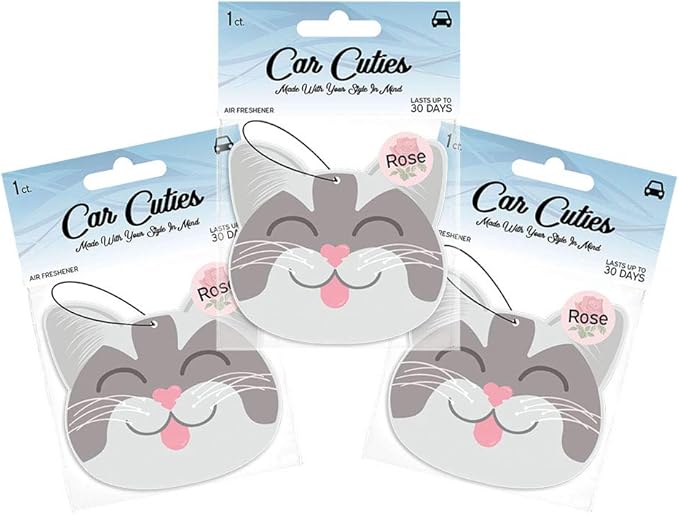 Cute CAT CAR AIR FRESHENER - Cute Cat Design, Long-Lasting Scent, Portion of Proceeds Benefit Paws Chicago (Rose - Pack of 3)