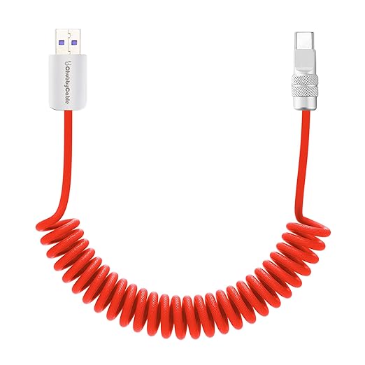 chubbycable Curly Chubby 120W Coiled USB C Fast Charging Cable Durable Braided Charger Cord for Car Compatible with iPhone 17-15 Series iPad, Red, USB-A to Type-C, 2.13FT-6.56FT