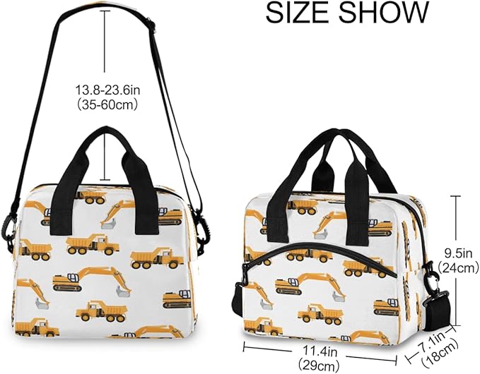 Lunch Bag for Kids Industrial Car Excavator and Trucks on White Insulated Cooler Lunch Box Large Capacity Lunch Organizer for Boys Girls