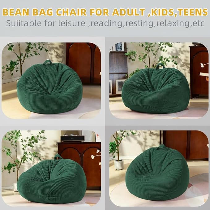 Stuffed Animal Storage Bean Bag Cover (No Filler), Corduroy Kids & Toddler Bean Bag Chair for Teens & Adults, Toy Storage Organizer, Comfy Sofa for Playroom (Dollar Green, Kids (Cover Only）)