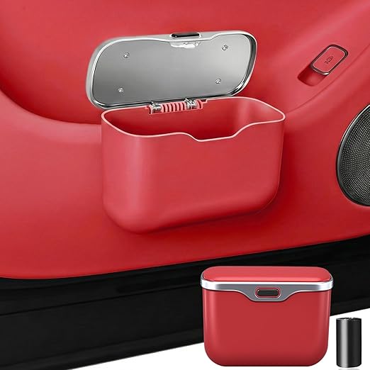 Car Trash Can with Lid - Leakproof Hanging Car Garbage Bin for Door & Seat Back - Waterproof Auto Trash Bag & Multifunctional Storage Organizer for SUV, Truck, Sedan (Red)