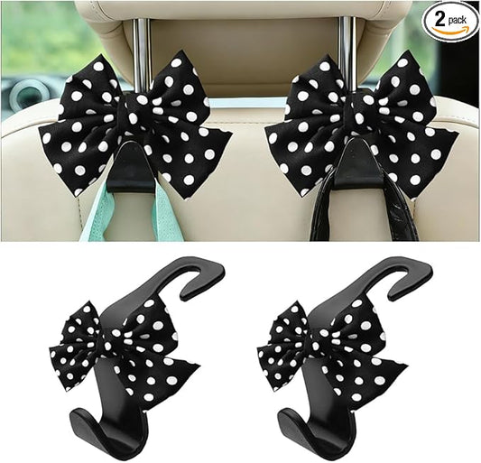 2PCS Car Seat Headrest Hooks, Cute Bow Vehicle Backseat Storage Hanger for Handbag Umbrella Coat, Automotive Seat Back Hook Holder Organizer Decor, Universal for Vehicles (Black Polka Dots)