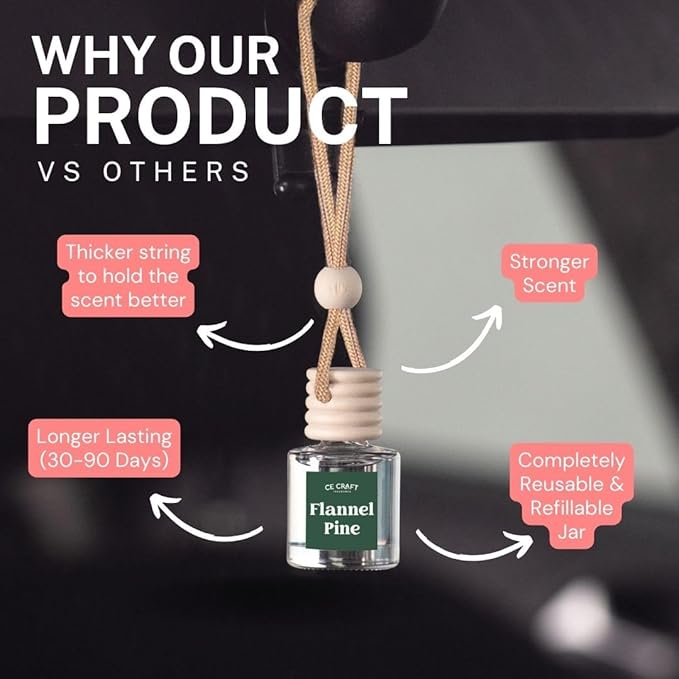 C&E Craft Co Hanging Car Air Freshener Diffuser 2 Pack, Long Lasting Fragrance Oil Car Freshener, Glass Bottle Auto Air Freshener, Made in USA (Flannel Pine)