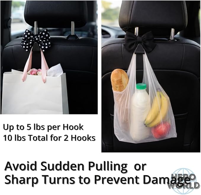 Car Headrest Hooks 2 Pack Seat Back Hanger for Bags and Groceries Heavy Duty Auto Organizer Easy Install Storage Hook for Purse Handbag Shopping Bags Black Polka Dot