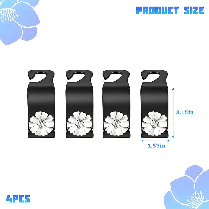 4PCS Bling Car Seat Headrest Hooks, Crystal Rhinestone Flower Vehicle Back Seat Hanger Holder Hook, Automotive Interior Hanging Storage Accessories for Purse Coats Bag, Universal Fit (White)
