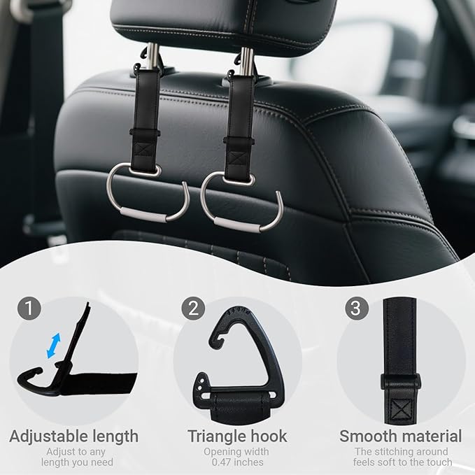 2Pcs Car Purse Hooks, Adjustable Leather Headrest Hooks for Car, Seat Back Organizer for Bags Purses (Black)